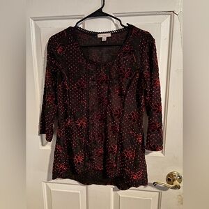 Dress Barn Black & Red Floral Print Three Quarter Sleeve Top
